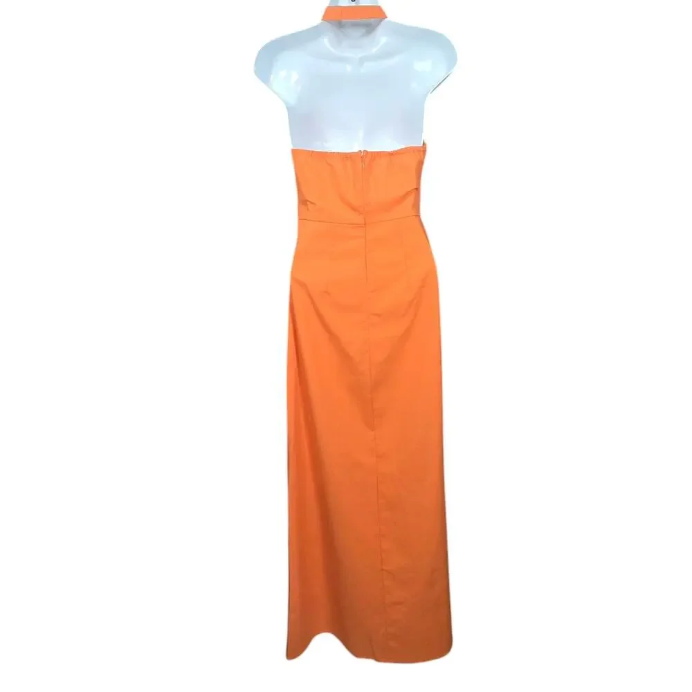 Commense Halter Maxi Dress Womens XSmall NEW Orange Linen Pleated Party Cocktail